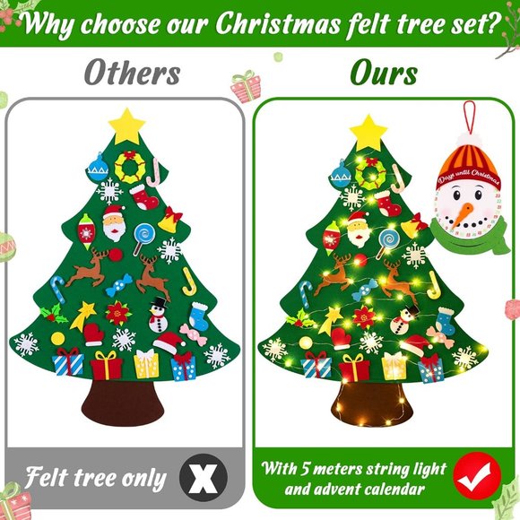 3ft DIY Lighted Felt Christmas Tree Set Plus Snowman 33 Ornaments Kids Gift - Picture 3 of 10